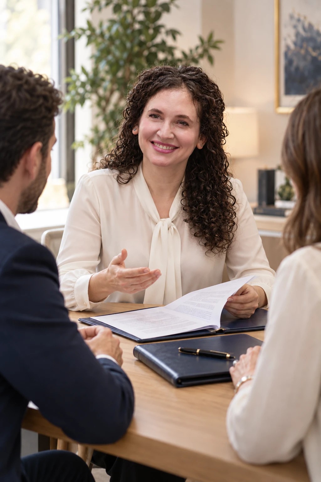 Lema Bashir smiling and explaining a document to a couple across a consultation table