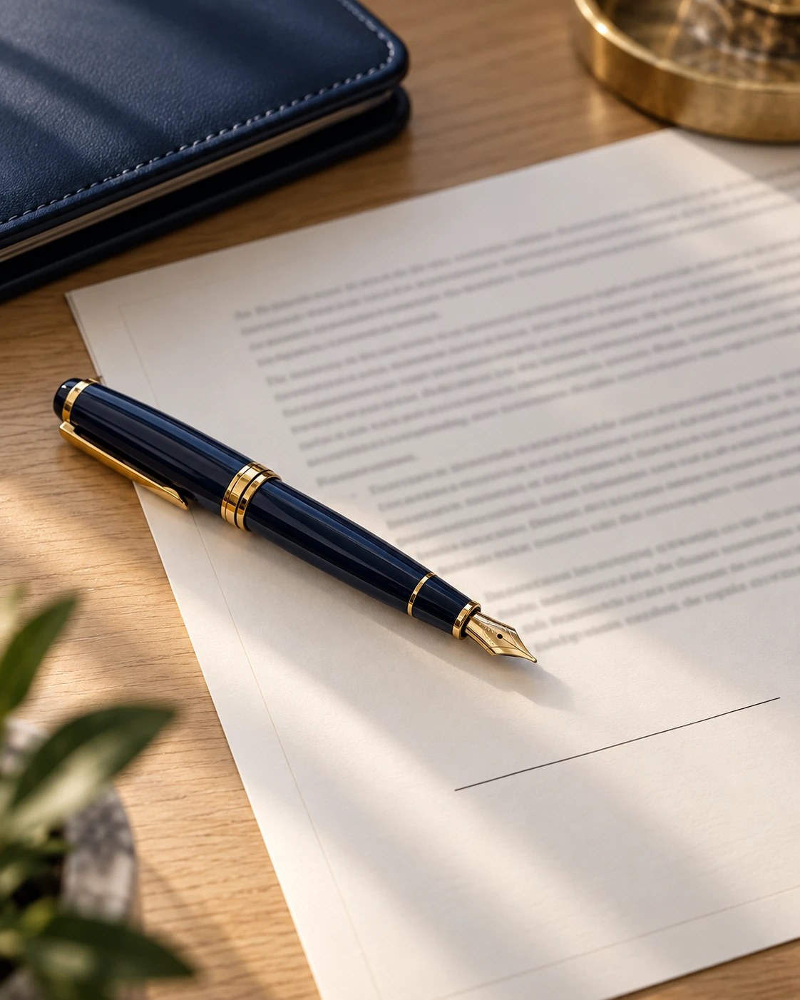 A navy and gold fountain pen resting beside the signature line of a legal document