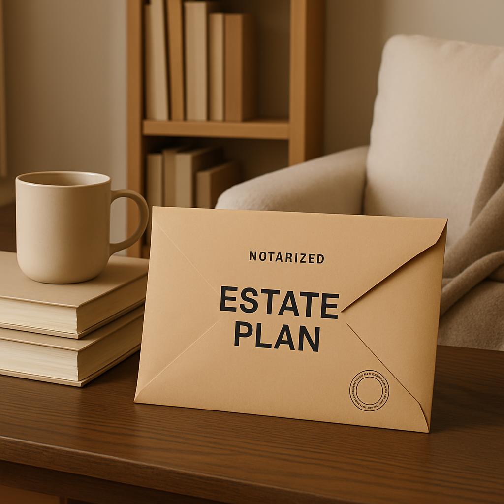 A notarized estate plan on a wooden table with a stack of books and a coffee mug.
