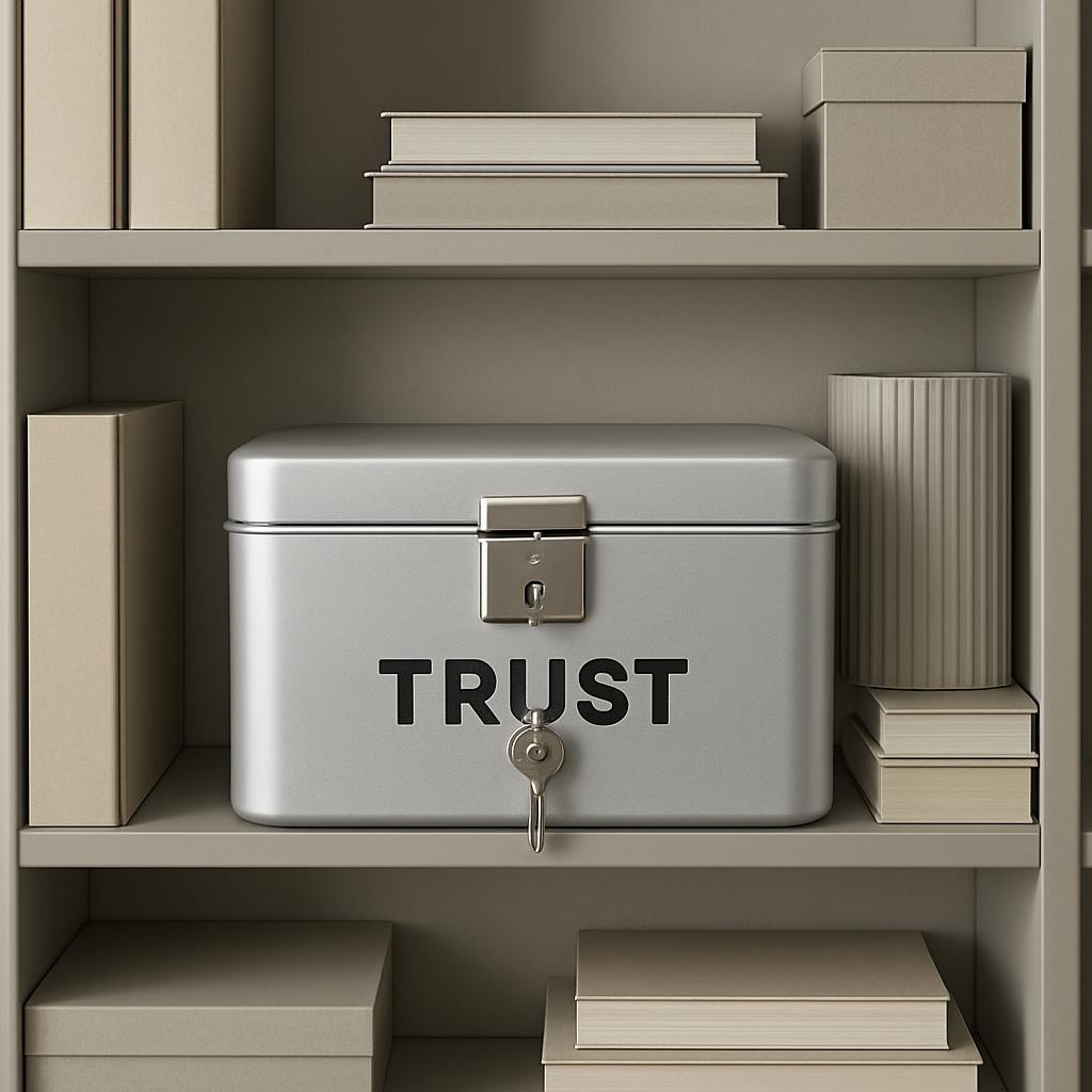 A metal box labeled "TRUST" sits on a shelf.