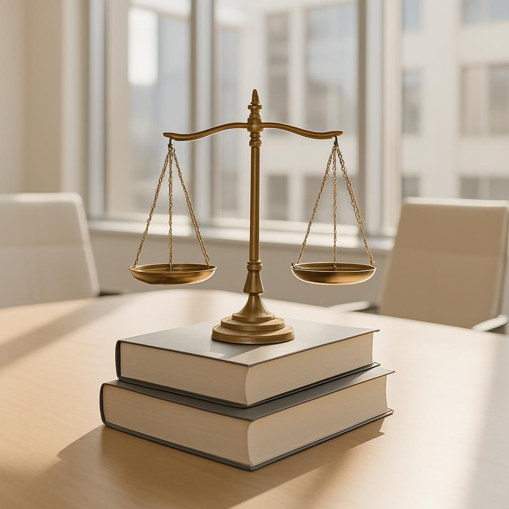 A golden scale of justice rests on a stack of books in an office setting, symbolizing fairness in a professional context.