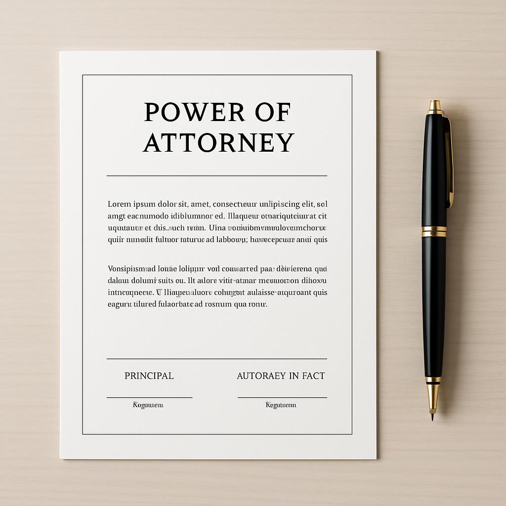 "Text placeholder for presentation of a power of attorney draft, featuring Lorem Ipsum filler content for demonstration pu...